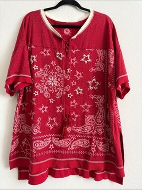 Double D Ranch Red Paisley Lace-Up Tunic Sz 2X